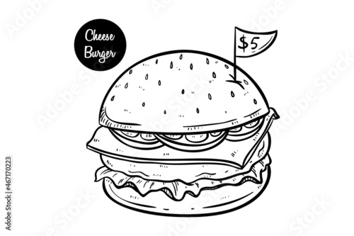 sketchy tasty burger wth price flag on white background