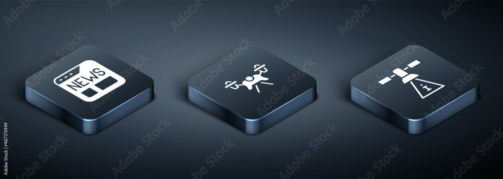 Set Isometric News, Satellite and Drone icon. Vector Set Isometric News, Satellite and Drone icon. Vector