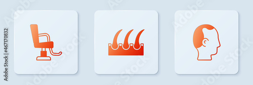 Set Human hair follicle, Barbershop chair and Baldness. White square button. Vector