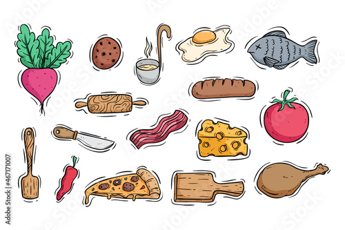 doodle breakfast or lunch food collection on white background