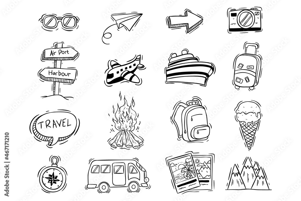 set of travel doodle icons on white background