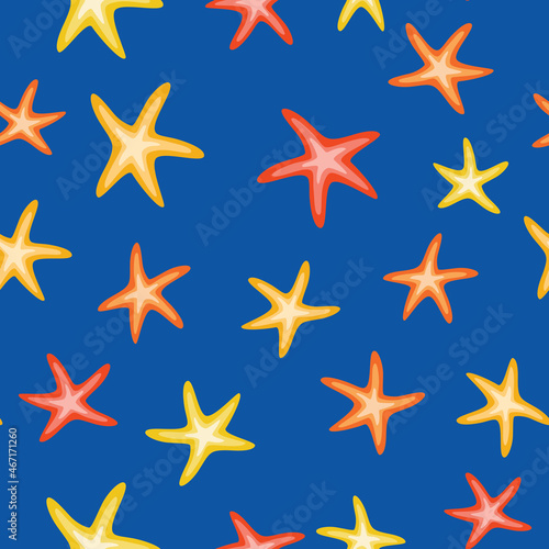 Seamless pattern with colorful yellow orange and red sea stars on deep blue vector background. Starfish repeating tile texture design element. Summer sea beach vacation decoration template.Wrap paper.