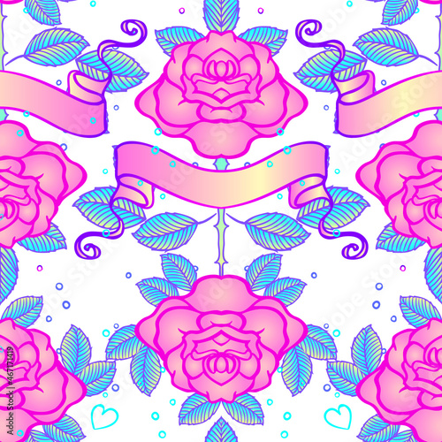 Old school tattoo style seamless pattern. Classic vector tattoo doodle elements: flower, sacred heart, diamond, swallow, brass knuckles. Traditional Tattooing inspired. Wrapping paper, textile.