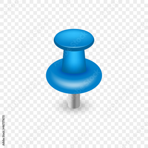 Realistic Blue Pushpin for Tack Paper on Notice Board. Single Thumbtack with Needle on Transparent Background. Office Stationery. Blue Plastic Push Pin Button. Isolated Vector Illustration
