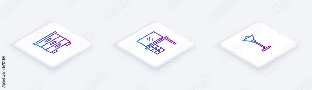 Set Isometric line Furniture nightstand, TV table and Floor lamp. White square button. Vector Set Isometric line Furniture nightstand, TV table and Floor lamp. White square button. Vector