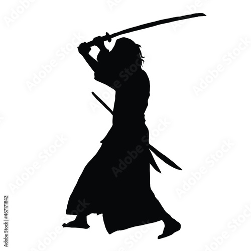 drawing of a vector black silhouette on a white background. a samurai with burning eyes in armor in a raincoat makes a swing with a katana. sword scabbard and jewelry hang on the belt. 2d art