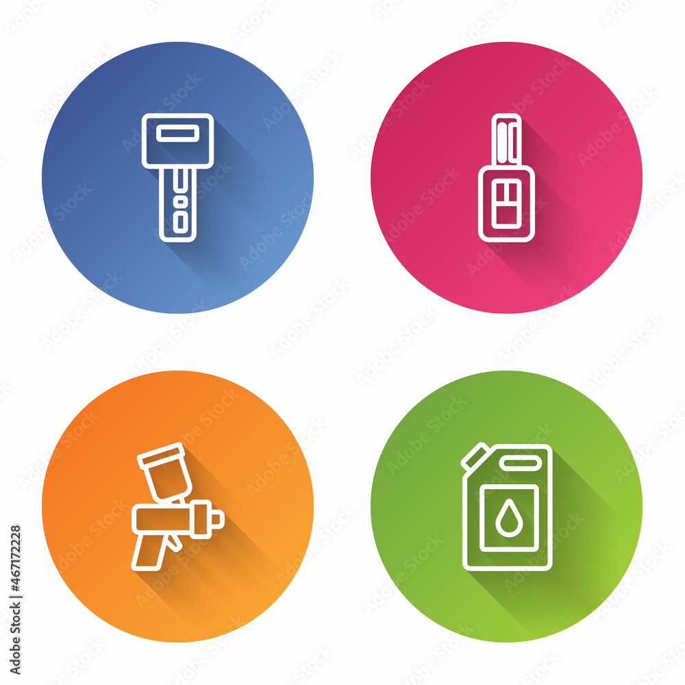 Set line Car key with remote, , Paint spray gun and Canister for motor oil. Color circle button. Vector Set line Car key with remote, , Paint spray gun and Canister for motor oil. Color circle button. Vector