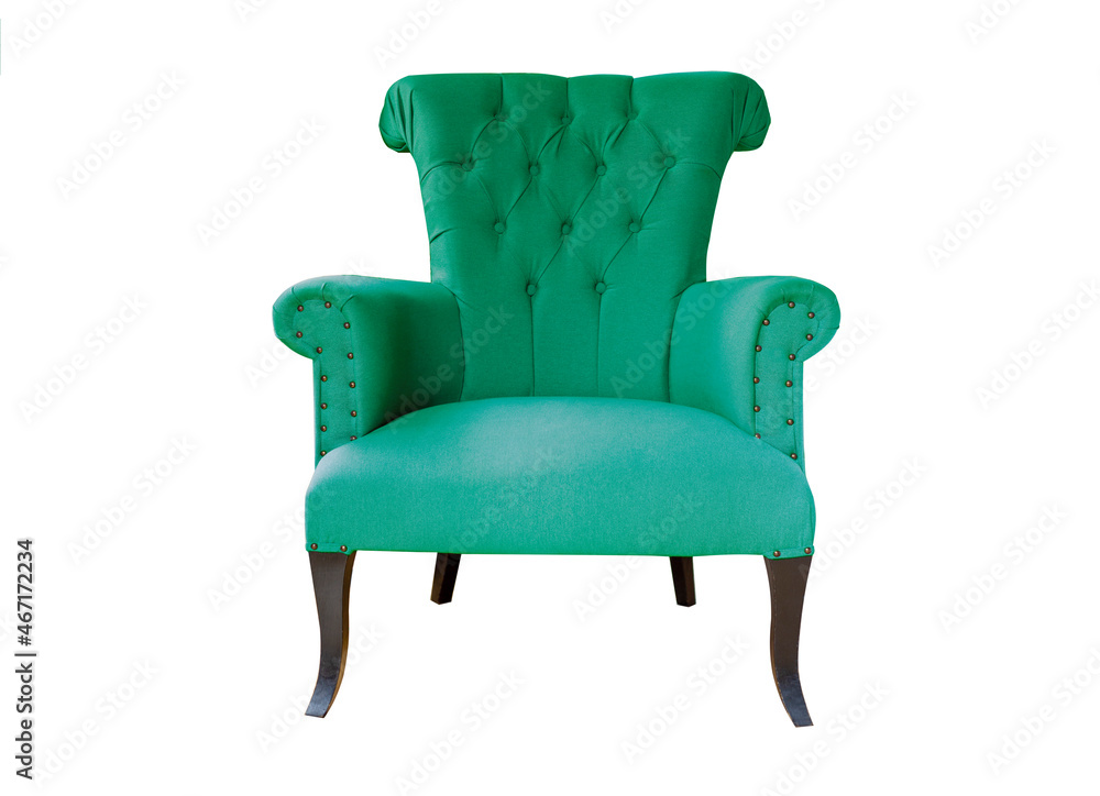 Trendy bottle green soft armchair isolated on white background. Contemporary living room furniture Trendy bottle green soft armchair isolated on white background. Contemporary living room furniture