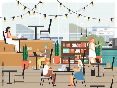 Remote employees, freelancers sharing open common space for work. Coworking space. Creative working environment, vector.