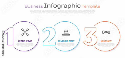 Set line Wheel wrench, Traffic cone and Chassis car. Business infographic template. Vector