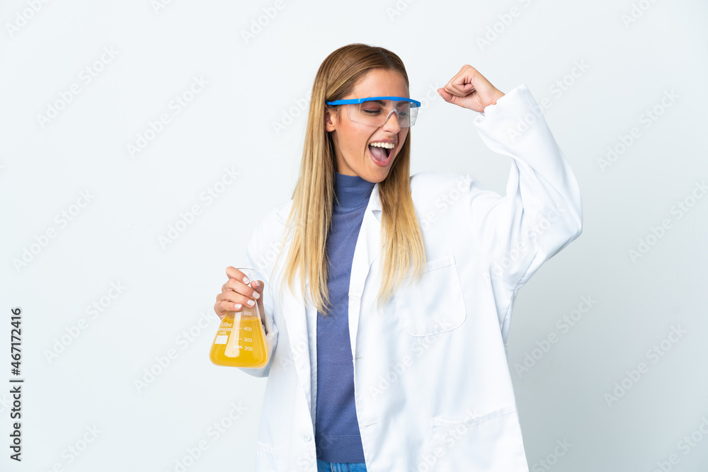 Young scientific woman isolated on white background celebrating a victory Young scientific woman isolated on white background celebrating a victory