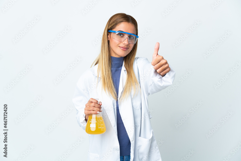 Young scientific woman isolated on white background with thumbs up because something good has happened Young scientific woman isolated on white background with thumbs up because something good has happened