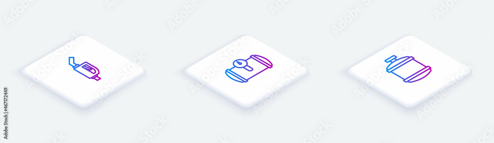 Set Isometric line Gasoline pump nozzle, tank for vehicle and Propane gas. White square button. Vector Set Isometric line Gasoline pump nozzle, tank for vehicle and Propane gas. White square button. Vector