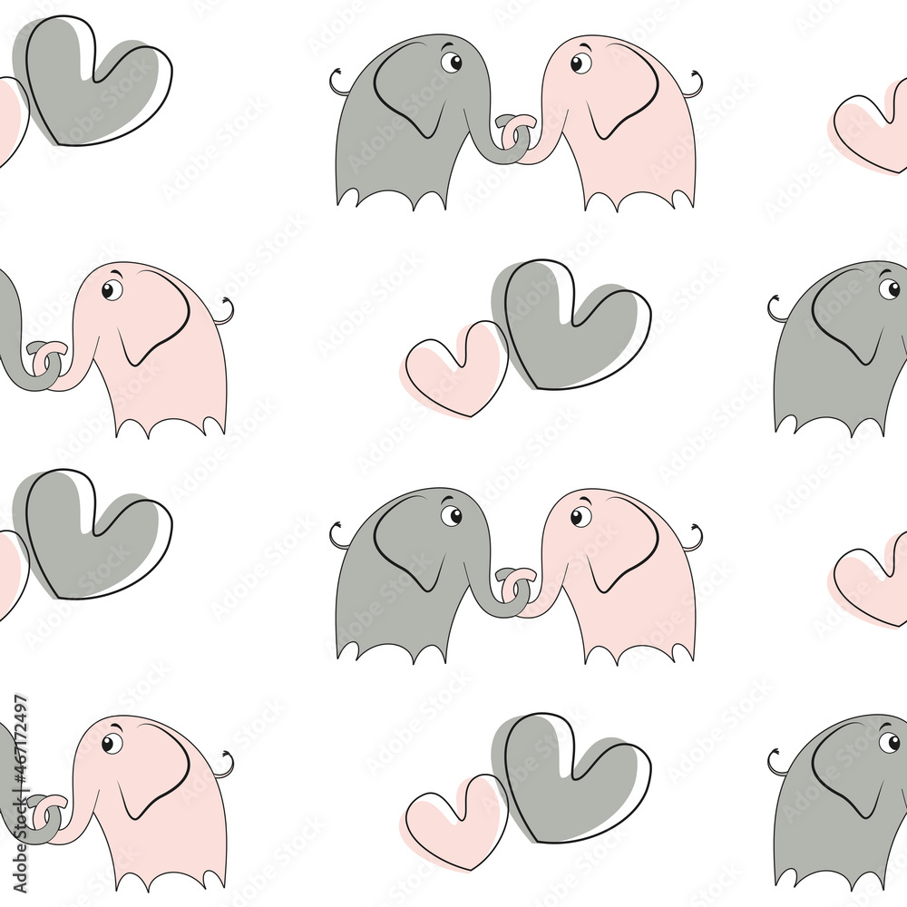 Fototapeta premium seamless pattern - two enamored gray and pink elephants hugging on a white background with hearts, vector illustration, married couple