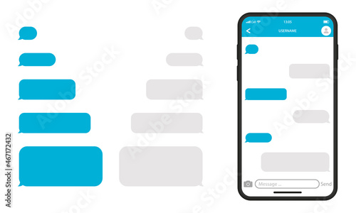 Mockup of Telegram Messenger Chat in Mobile Phone. Template of Smartphone and Empty Talk Speech Bubble Icon. Conversation on Smartphone Screen. Interface of Mobile App. Isolated Vector Illustration photo