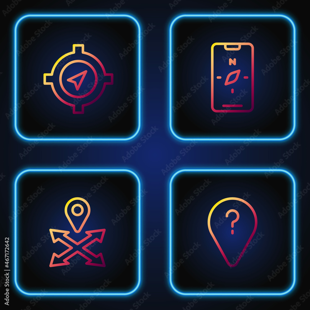 Set line Unknown route point, Location, Compass and mobile. Gradient color icons. Vector Set line Unknown route point, Location, Compass and mobile. Gradient color icons. Vector