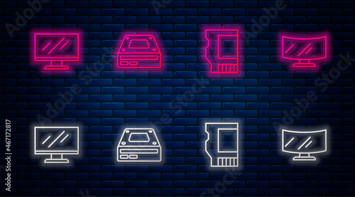 Set line Optical disc drive, SD card, Computer monitor screen and . Glowing neon icon on brick wall. Vector
