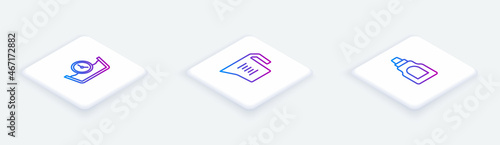 Set Isometric line Time wash, Measuring cup and Bottle for cleaning agent. White square button. Vector