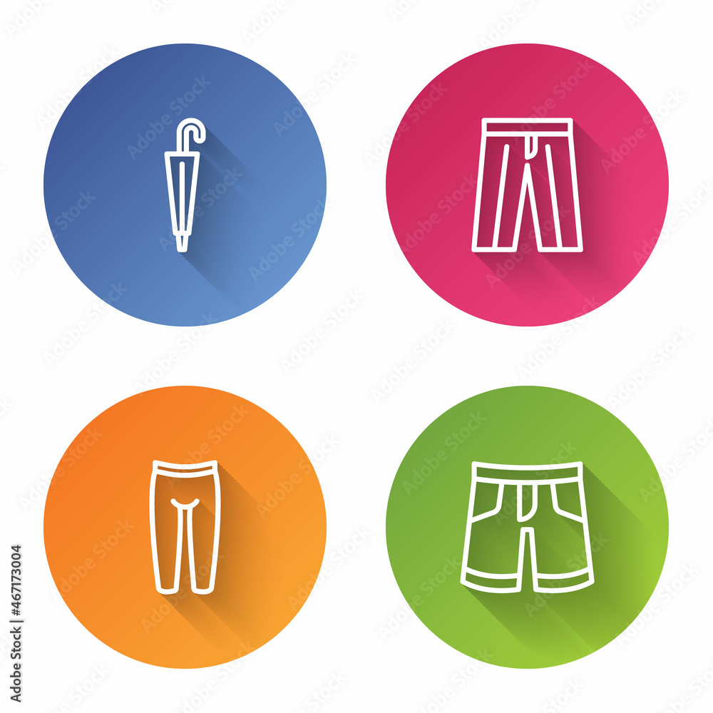 Set line Umbrella, Pants, Leggings and Short or pants. Color circle button. Vector Set line Umbrella, Pants, Leggings and Short or pants. Color circle button. Vector