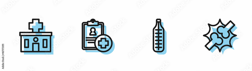 Set line Medical thermometer, Hospital building, Patient record and Joint pain, knee pain icon. Vector Set line Medical thermometer, Hospital building, Patient record and Joint pain, knee pain icon. Vector