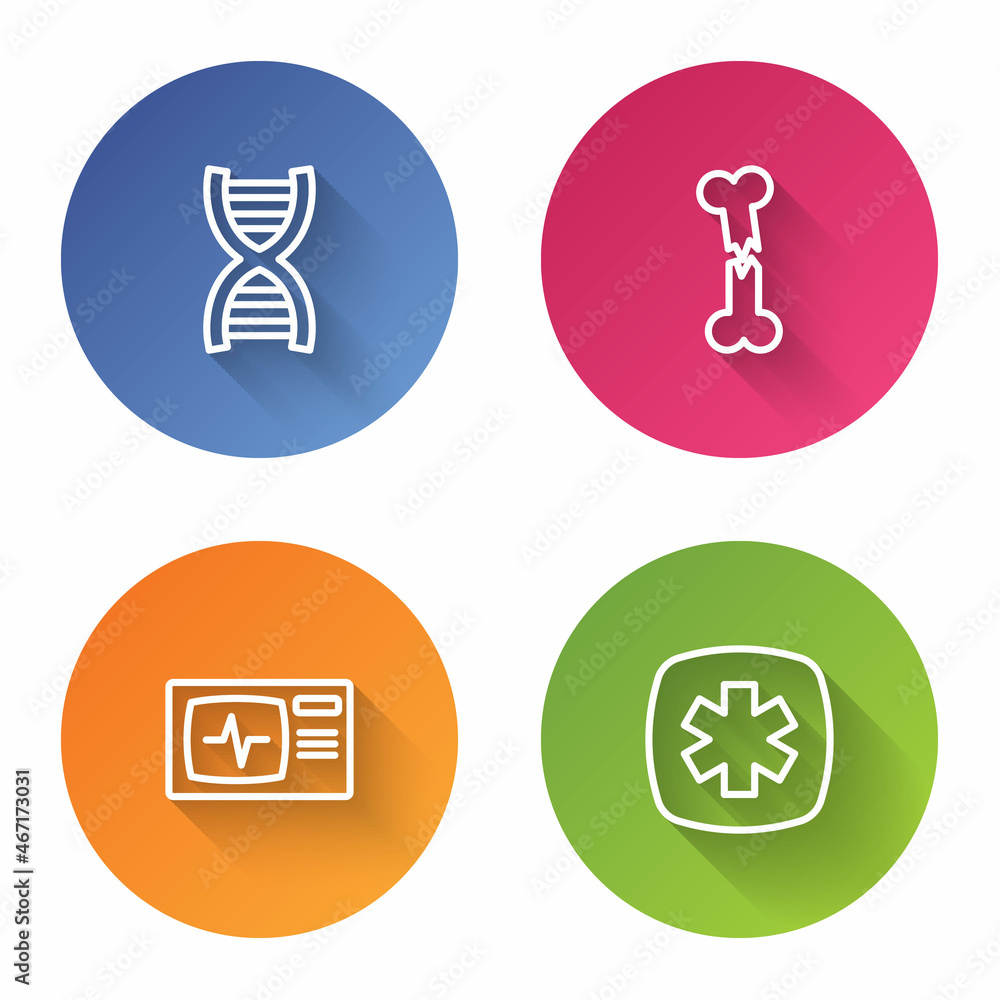 Set line DNA symbol, Human broken bone, Monitor with cardiogram and Emergency - Star of Life. Color circle button. Vector Set line DNA symbol, Human broken bone, Monitor with cardiogram and Emergency - Star of Life. Color circle button. Vector