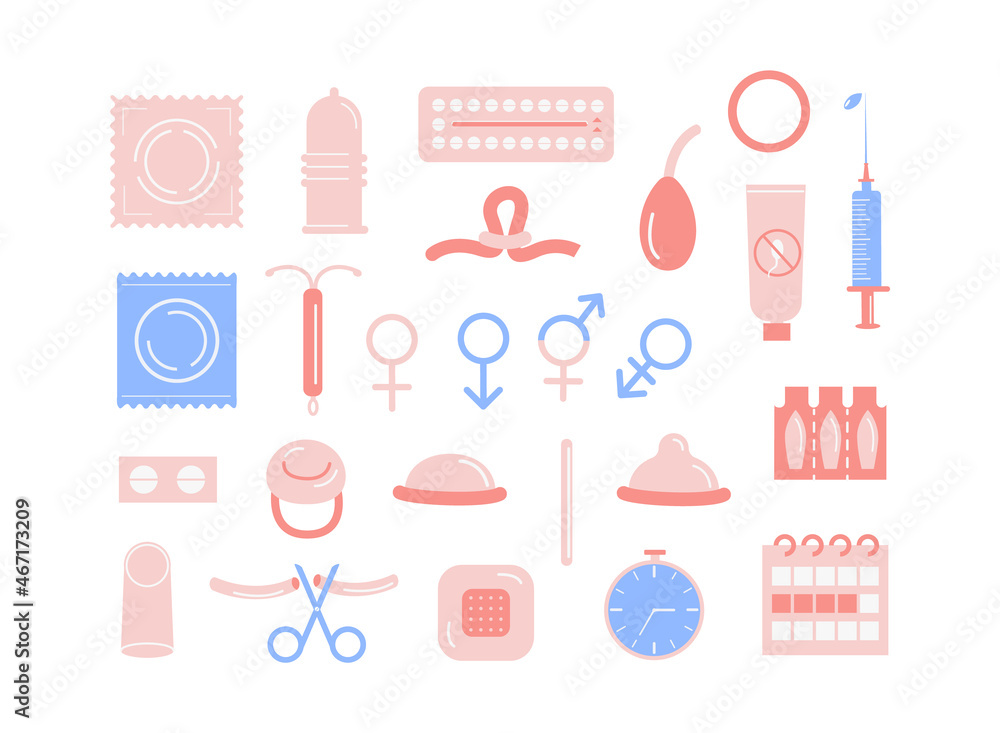 Contraception colored flat icons set. Birth control methods. Contraceptive patch, hormonal ring, IUD, injection, pills, diaphragm, condom, sponge, spermicides, sterilization. Safe sex vector elements. Contraception colored flat icons set. Birth control methods. Contraceptive patch, hormonal ring, IUD, injection, pills, diaphragm, condom, sponge, spermicides, sterilization. Safe sex vector elements.