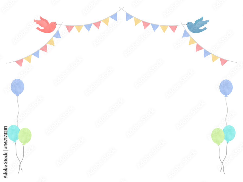 Obraz premium 背景素材：鳥とガーランドと風船の水彩風シンプルな背景