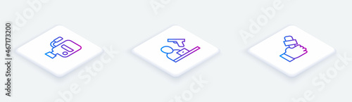 Set Isometric line Cinema camera, Crime news and Journalist. White square button. Vector