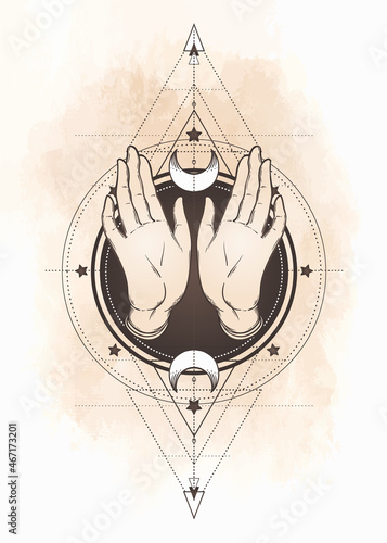 Female open hands over sacred geometry design elements. Alchemy, philosophy, ...