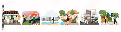 Photographer taking picture. Travel and vacation photo shoot, selfie, fashion model and loving couple snapshots, vector.