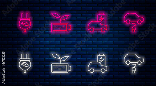 Set line Eco nature leaf battery, Electric car, saving plug in and . Glowing neon icon on brick wall. Vector