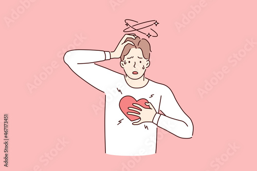 Having heart attack and panic concept. Young stressed frustrated man standing touching heart having attack sweating feeling bad vector illustration 