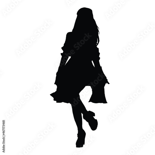 drawing of a vector black silhouette on a white background. a beautiful girl with long disheveled hair dressed in a dress with a long skirt. she has leather boots and ribbons on her dress.  2d art