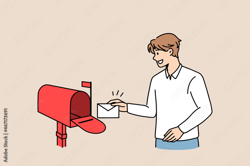 Sending post letter service concept. Young smiling man cartoon character  standing putting envelope with letter into red post office box vector  illustration Stock Vector | Adobe Stock