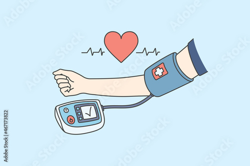 Measuring blood pressure and healthcare concept. Human hand wearing tonometer examining checking blood pressure and heartbeat vector illustration 