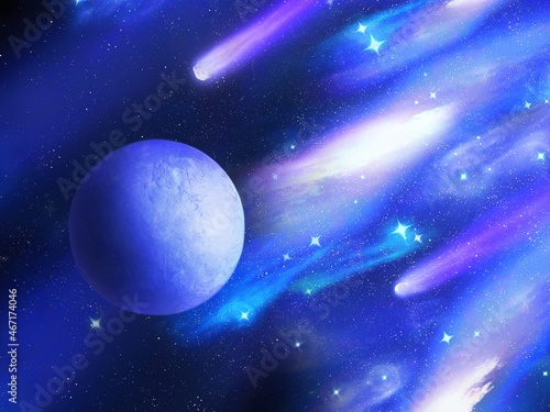Fototapeta Naklejka Na Ścianę i Meble -  Planet in space with nebula in vibrant tones. Comet's is approaching a super-earth. Earth-like exoplanet, beautiful alien world.