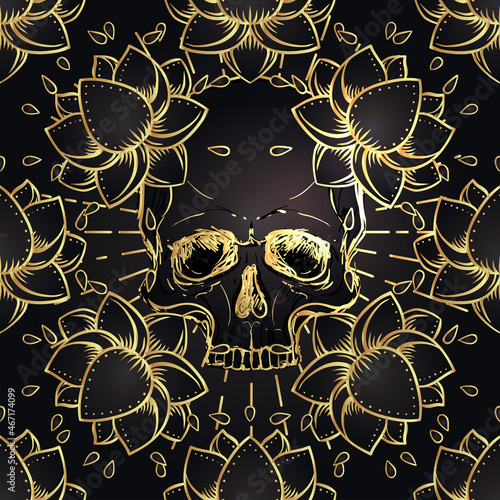 Human Skull and Lotus seamless pattern. Sacred Geometry. Ayurveda symbol of h...