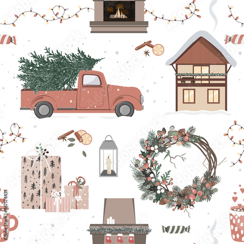 Christmas and New year seamless pattern with vintage car, fireplace, decorated house, xmas decor and presents. Vector background