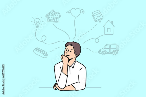 Dreaming of various things concept. Young man cartoon character sitting dreaming of food great ideas money love apartment car vector illustration 