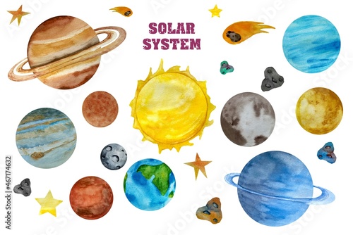 Watercolor Space Clipart, Solar System Planets, Space Earth Moon Jupiter Pluto. Watercolor set of Universe.