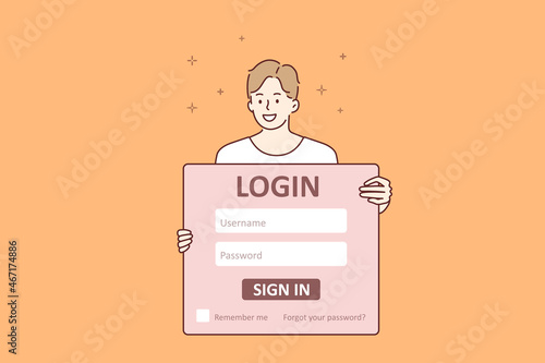 Signing in personal page concept. Young smiling boy cartoon character standing holding huge sign with username and password for login vector illustration 