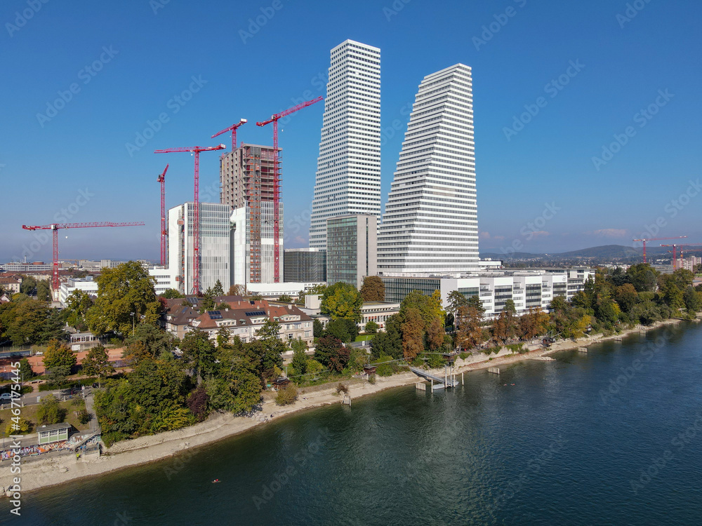 Drone view at the Roche industry towers at Basel on Switzerland - obrazy, fototapety, plakaty 