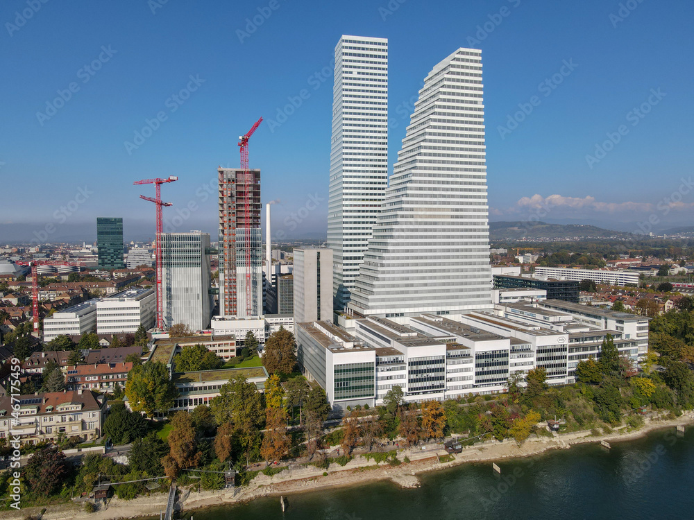 Drone view at the Roche industry towers at Basel on Switzerland - obrazy, fototapety, plakaty 
