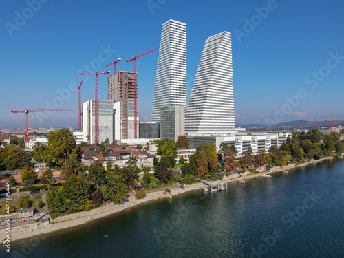 Drone view at the Roche industry towers at Basel on Switzerland