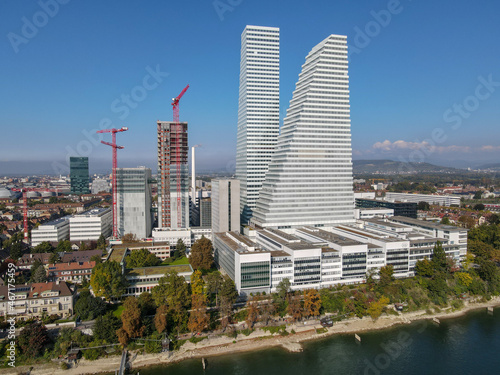 Drone view at the Roche industry towers at Basel on Switzerland