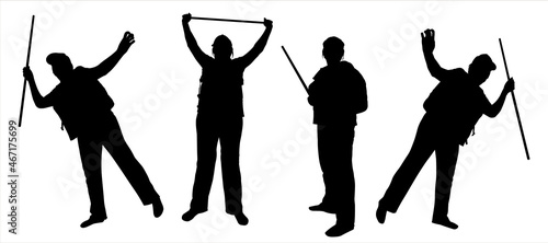 Women in different positions with a raised hand. Fall, stumble, bend to the side. Female silhouette in a cap, with a backpack behind her back and a walking stick in her hands. Isolated on white.