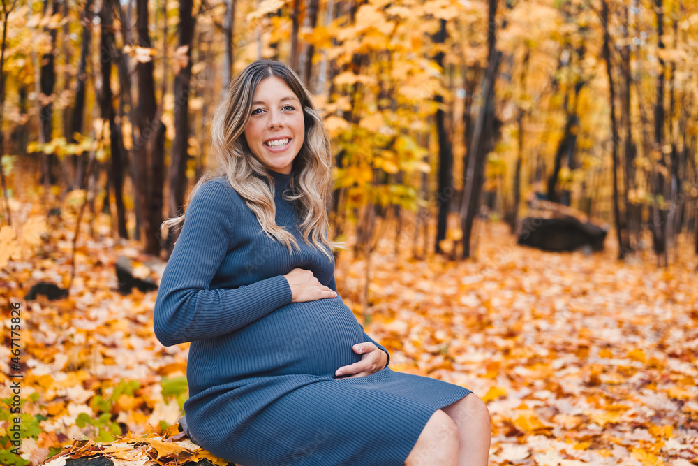 Autumn portrait of happy lovely and beautiful caucasian young pregnant woman in forest in fall color Autumn portrait of happy lovely and beautiful caucasian young pregnant woman in forest in fall color