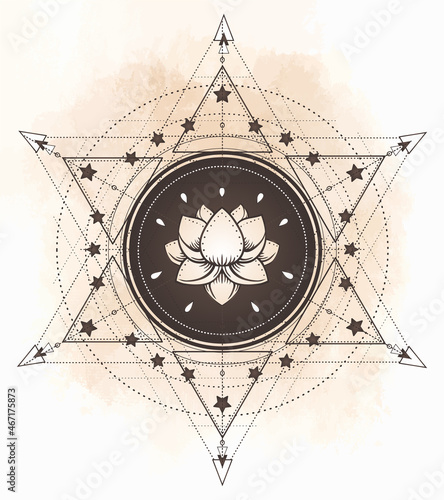 Lotus and Sacred Geometry. Ayurveda symbol of harmony and balance, and universe. Tattoo flesh design, yoga logo. Boho print, poster, t-shirt textile. Anti stress book. Isolated vector illustration.