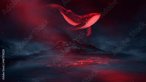 Abstract night fantasy landscape with an island, a whale in the sky, a dark fantasy scene, an unreal world, a fish, a whale, a sperm whale. Reflection of neon light, water, depths of the sea. 3D 