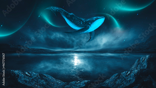 Abstract night fantasy landscape with an island, a whale in the sky, a dark fantasy scene, an unreal world, a fish, a whale, a sperm whale. Reflection of neon light, water, depths of the sea. 3D  © MiaStendal